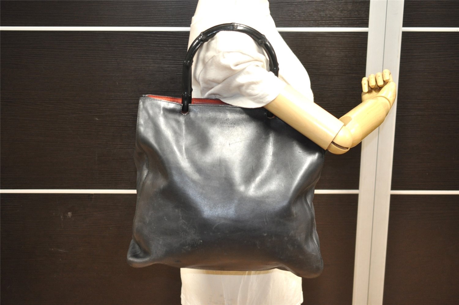 Authentic GUCCI Vintage Bamboo Shoulder Hand Bag Leather Black 0857J