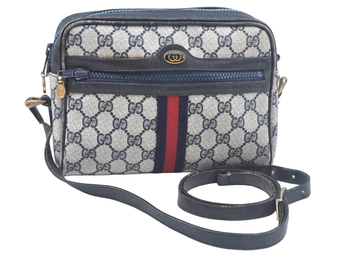Authentic GUCCI Sherry Line Shoulder Bag GG PVC Leather Navy Blue Junk 0866J