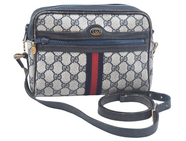 Authentic GUCCI Sherry Line Shoulder Bag GG PVC Leather Navy Blue Junk 0866J
