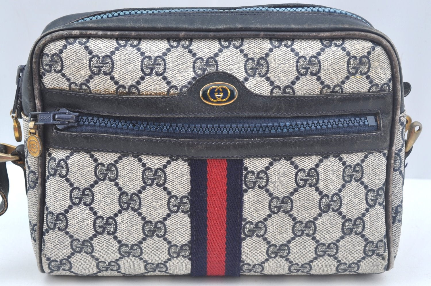 Authentic GUCCI Sherry Line Shoulder Bag GG PVC Leather Navy Blue Junk 0866J
