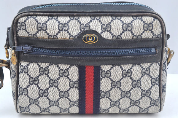 Authentic GUCCI Sherry Line Shoulder Bag GG PVC Leather Navy Blue Junk 0866J