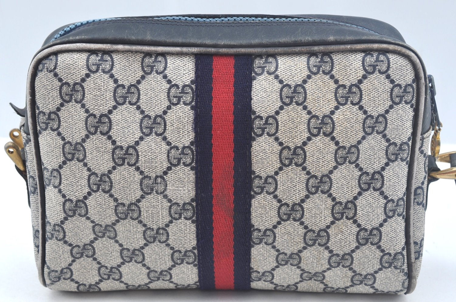 Authentic GUCCI Sherry Line Shoulder Bag GG PVC Leather Navy Blue Junk 0866J