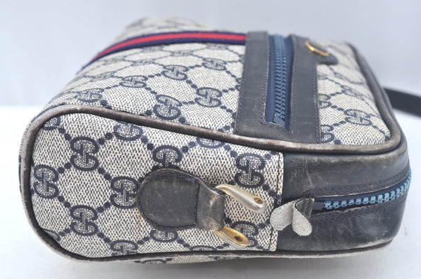 Authentic GUCCI Sherry Line Shoulder Bag GG PVC Leather Navy Blue Junk 0866J