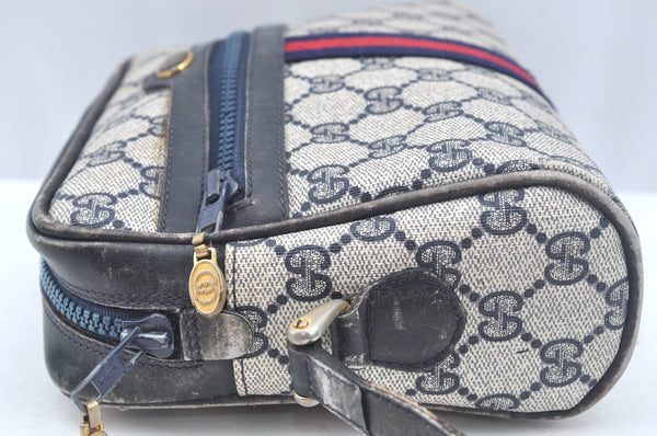 Authentic GUCCI Sherry Line Shoulder Bag GG PVC Leather Navy Blue Junk 0866J