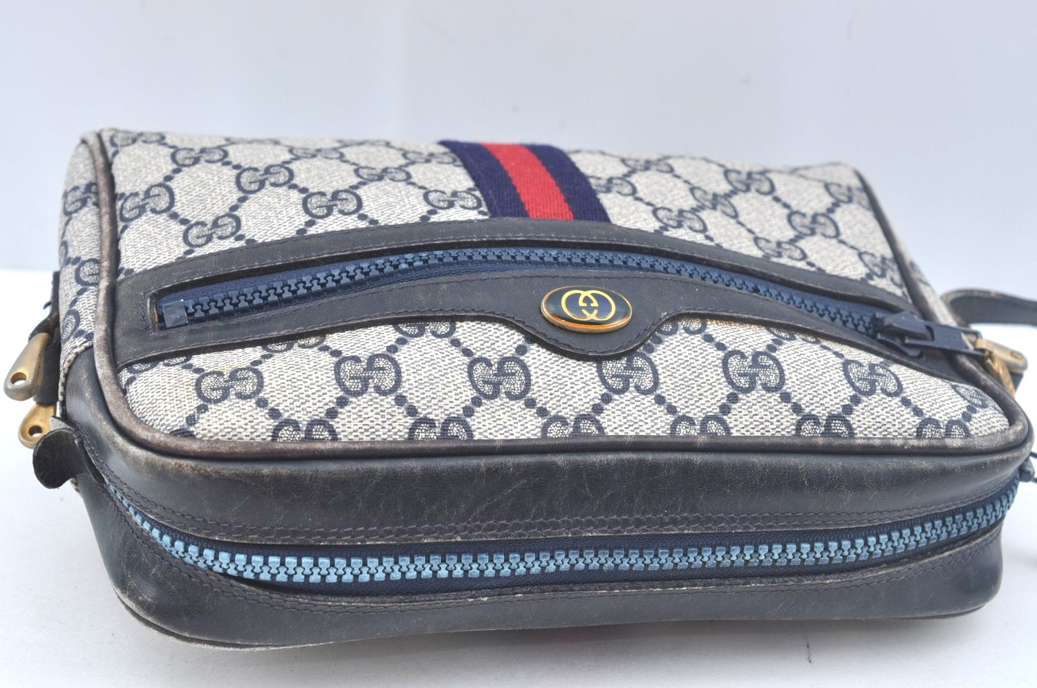 Authentic GUCCI Sherry Line Shoulder Bag GG PVC Leather Navy Blue Junk 0866J