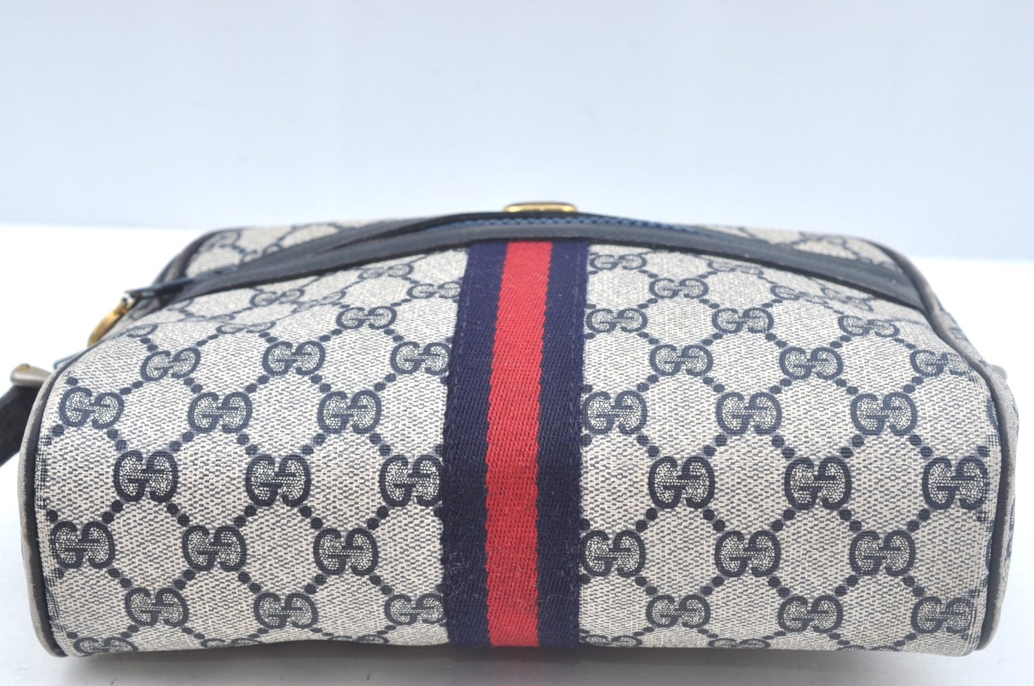Authentic GUCCI Sherry Line Shoulder Bag GG PVC Leather Navy Blue Junk 0866J