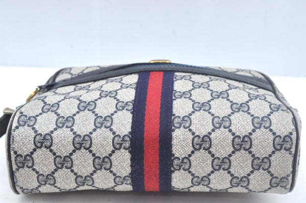 Authentic GUCCI Sherry Line Shoulder Bag GG PVC Leather Navy Blue Junk 0866J