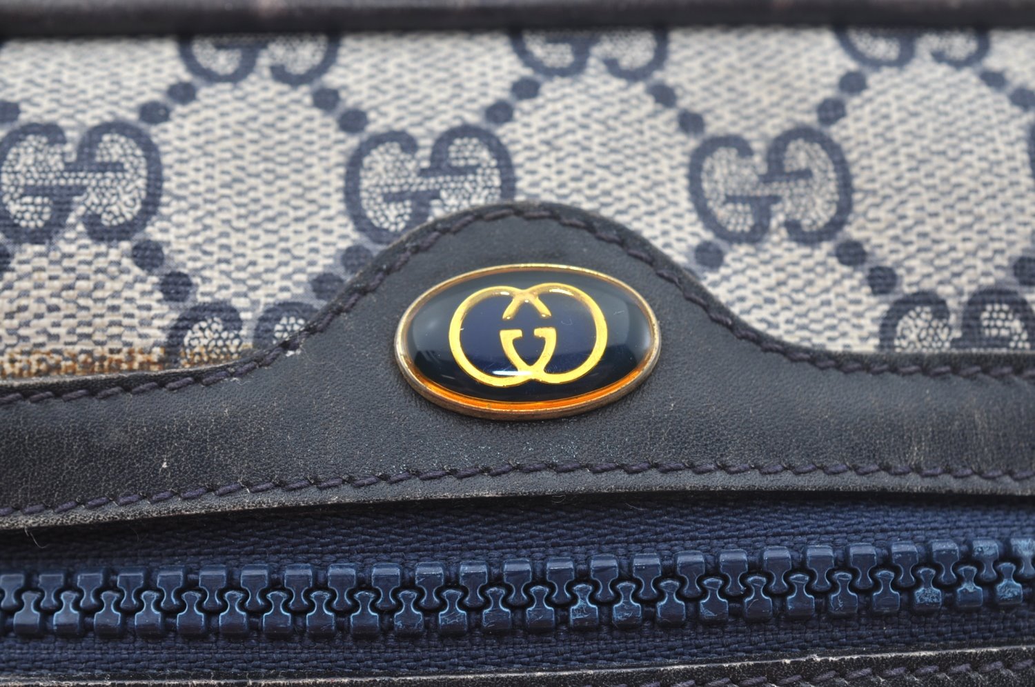 Authentic GUCCI Sherry Line Shoulder Bag GG PVC Leather Navy Blue Junk 0866J