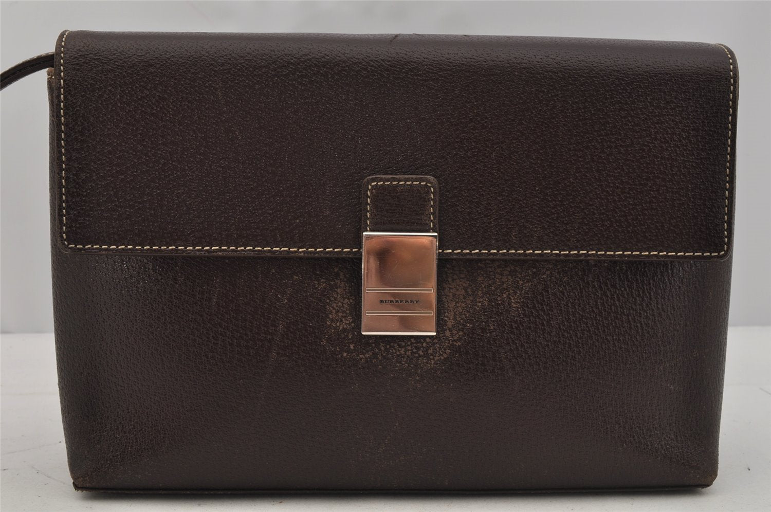 Authentic BURBERRY Vintage Leather Clutch Hand Bag Purse Brown 0867J