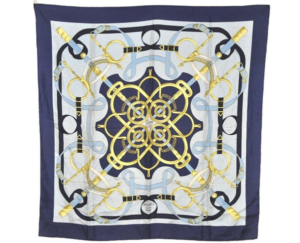 Authentic HERMES Carre 90 Scarf "Eperon d'or" Silk Navy 0869J