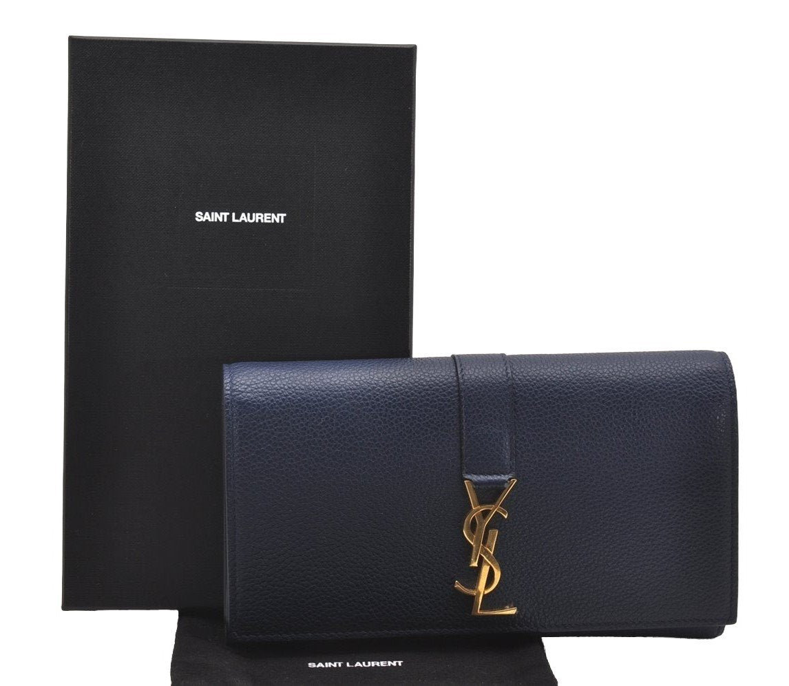 Authentic SAINT LAURENT YSL Line Large Flap Wallet Purse 414567 Navy Box 0870J