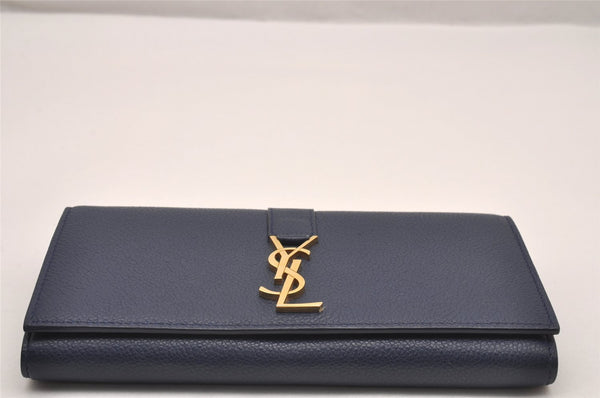 Authentic SAINT LAURENT YSL Line Large Flap Wallet Purse 414567 Navy Box 0870J