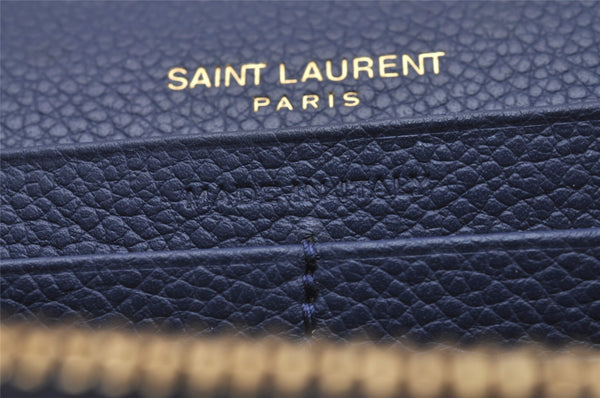 Authentic SAINT LAURENT YSL Line Large Flap Wallet Purse 414567 Navy Box 0870J