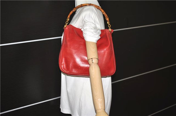 Authentic GUCCI Vintage Bamboo Shoulder Hand Bag Leather Red Junk 0877G