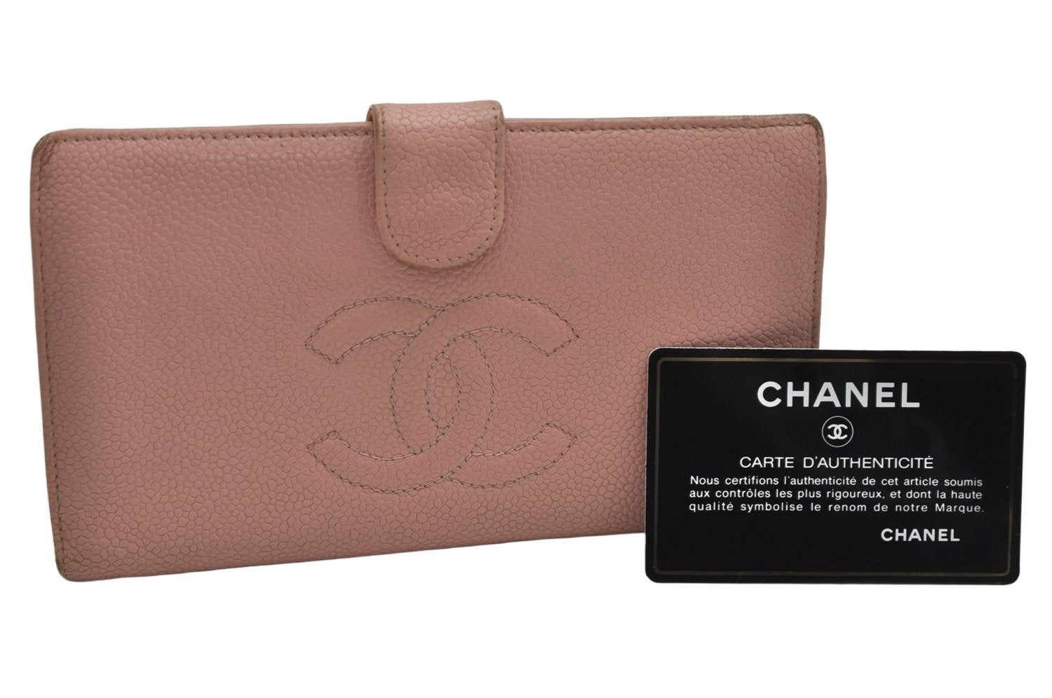 Authentic CHANEL Vintage Caviar Skin CC Logo Bifold Long Wallet Purse Pink 0878K