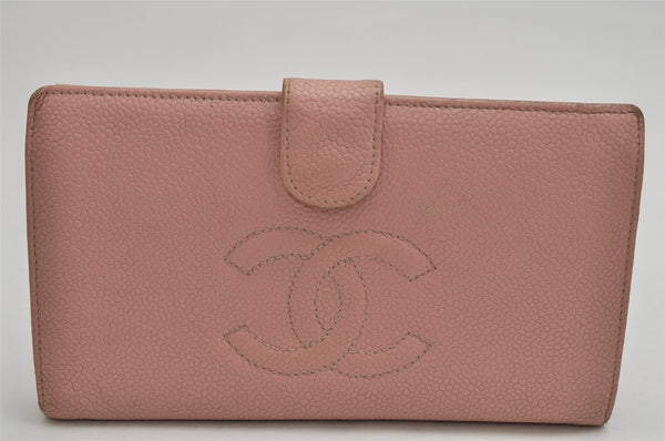 Authentic CHANEL Vintage Caviar Skin CC Logo Bifold Long Wallet Purse Pink 0878K