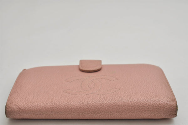 Authentic CHANEL Vintage Caviar Skin CC Logo Bifold Long Wallet Purse Pink 0878K