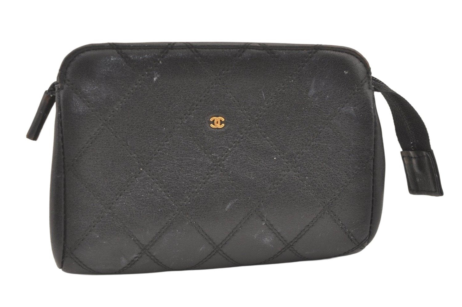 Authentic CHANEL Vintage Calf Skin Bicolore Pouch Purse Black Junk 0879K