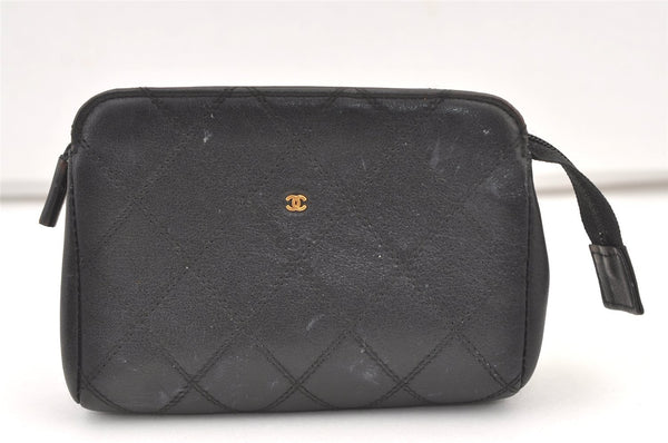 Authentic CHANEL Vintage Calf Skin Bicolore Pouch Purse Black Junk 0879K