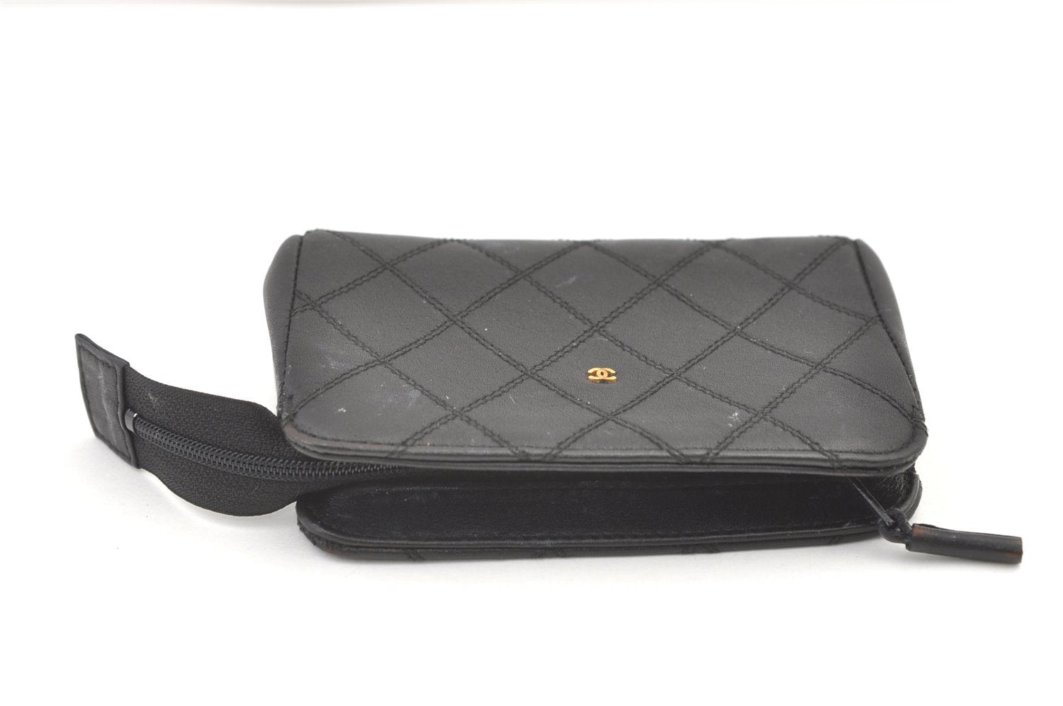 Authentic CHANEL Vintage Calf Skin Bicolore Pouch Purse Black Junk 0879K