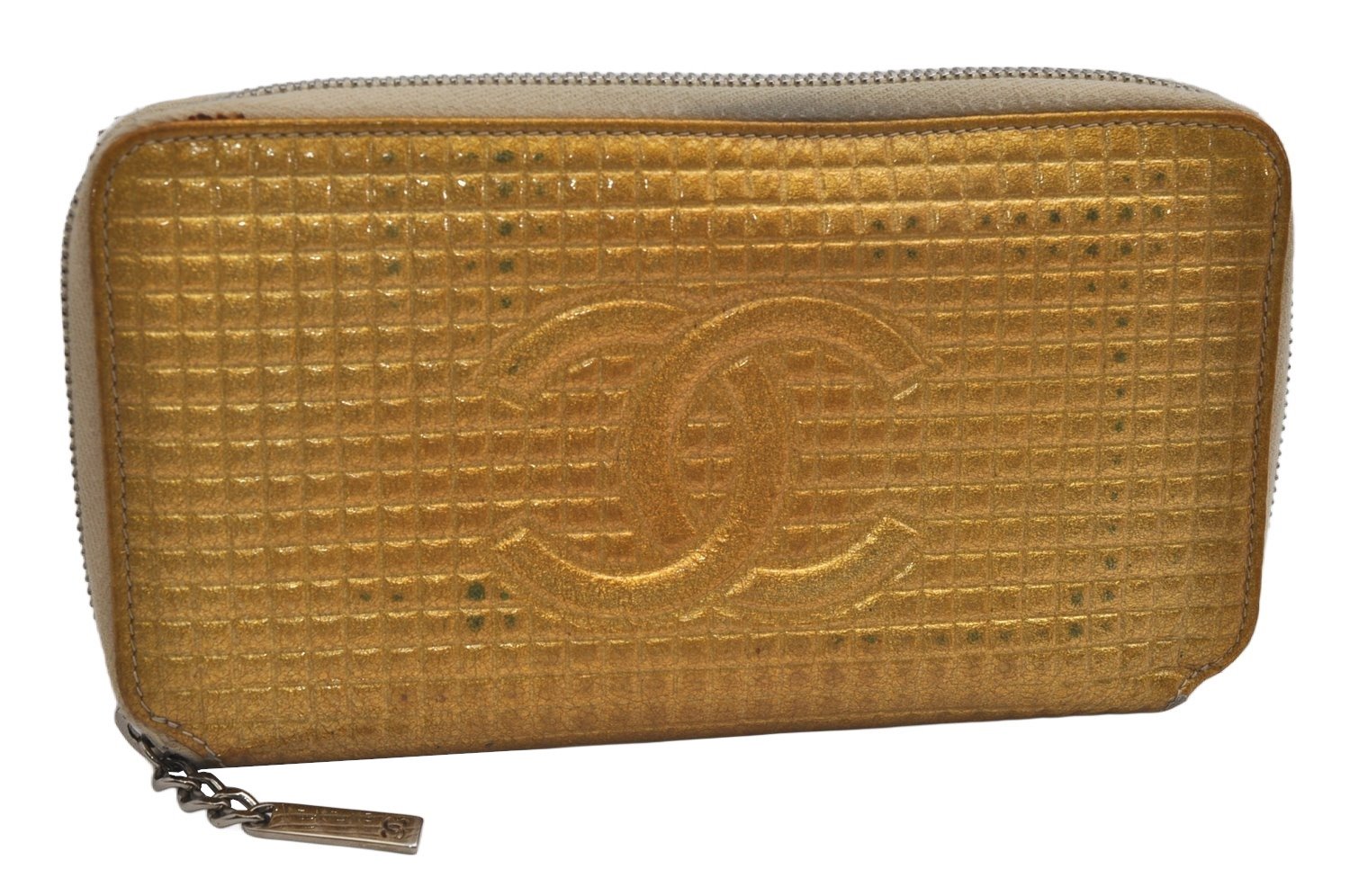 Authentic CHANEL Micro Chocolate Bar CC Logo Long Wallet Purse Enamel Gold 0880K