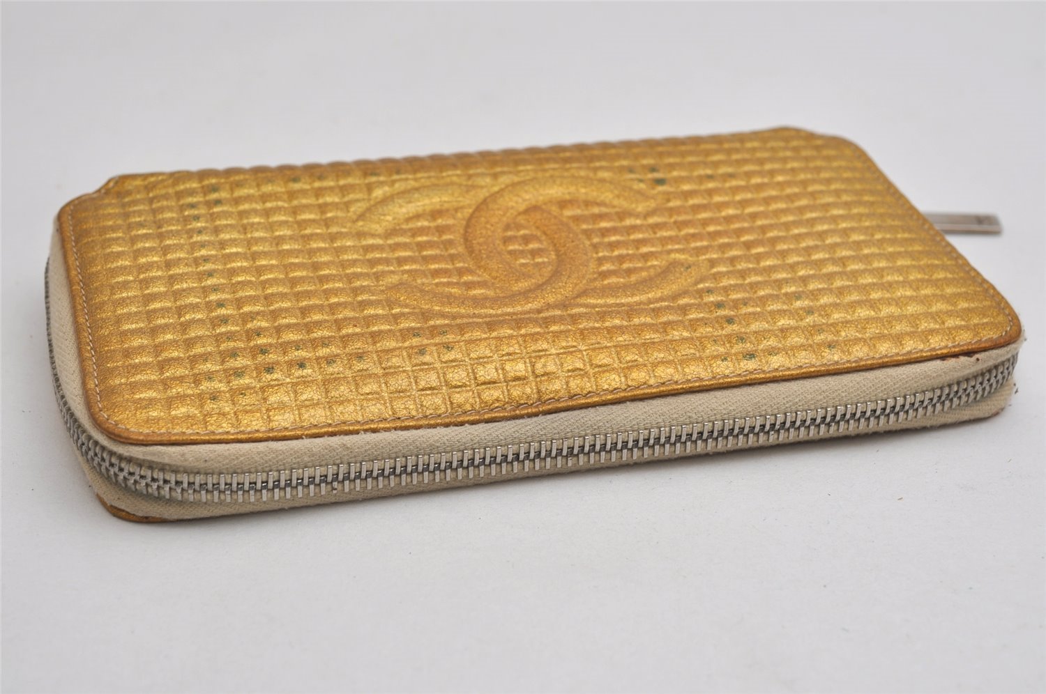 Authentic CHANEL Micro Chocolate Bar CC Logo Long Wallet Purse Enamel Gold 0880K