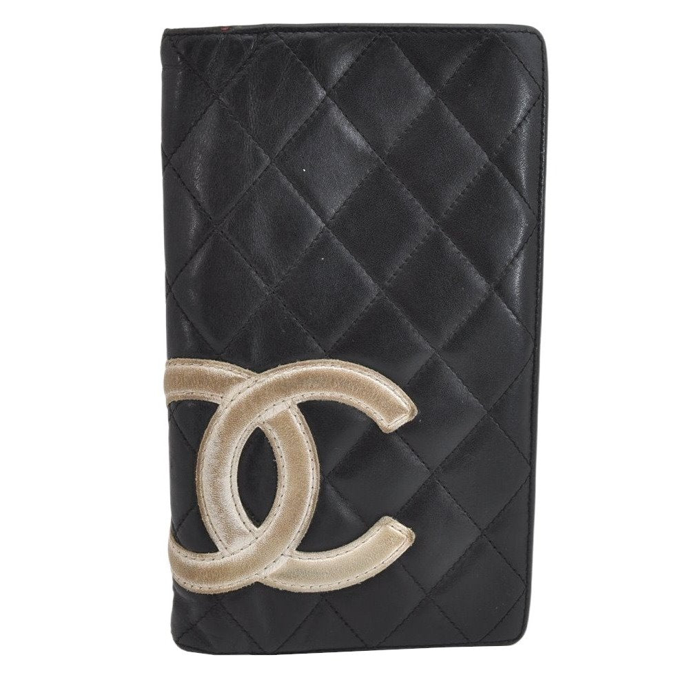 Authentic CHANEL Calf Skin Cambon Line CC Logo Bifold Long Wallet Black 0881K