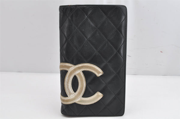 Authentic CHANEL Calf Skin Cambon Line CC Logo Bifold Long Wallet Black 0881K