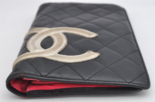 Authentic CHANEL Calf Skin Cambon Line CC Logo Bifold Long Wallet Black 0881K