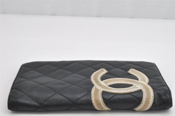 Authentic CHANEL Calf Skin Cambon Line CC Logo Bifold Long Wallet Black 0881K