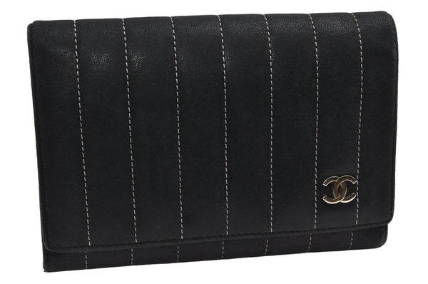 Authentic CHANEL Mademoiselle Lamb Skin Bifold Wallet Purse Pouch Black CC 0882K