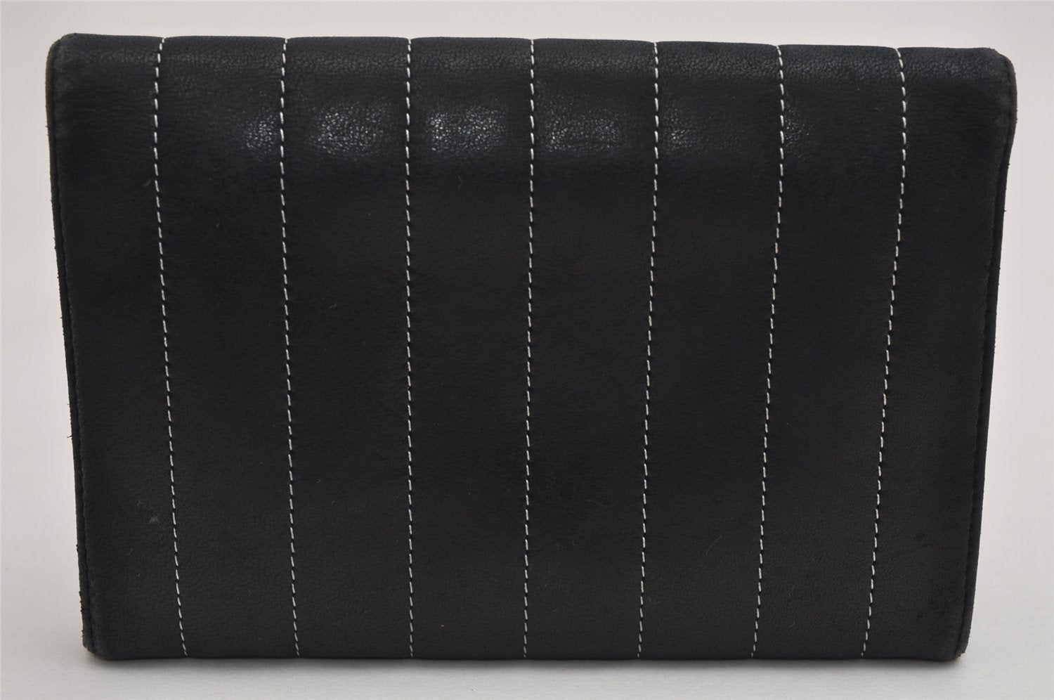 Authentic CHANEL Mademoiselle Lamb Skin Bifold Wallet Purse Pouch Black CC 0882K