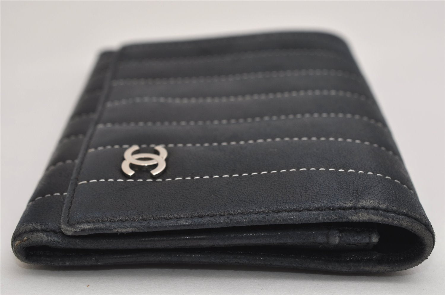 Authentic CHANEL Mademoiselle Lamb Skin Bifold Wallet Purse Pouch Black CC 0882K