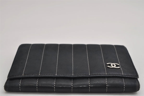 Authentic CHANEL Mademoiselle Lamb Skin Bifold Wallet Purse Pouch Black CC 0882K