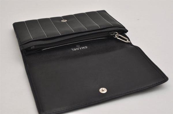 Authentic CHANEL Mademoiselle Lamb Skin Bifold Wallet Purse Pouch Black CC 0882K