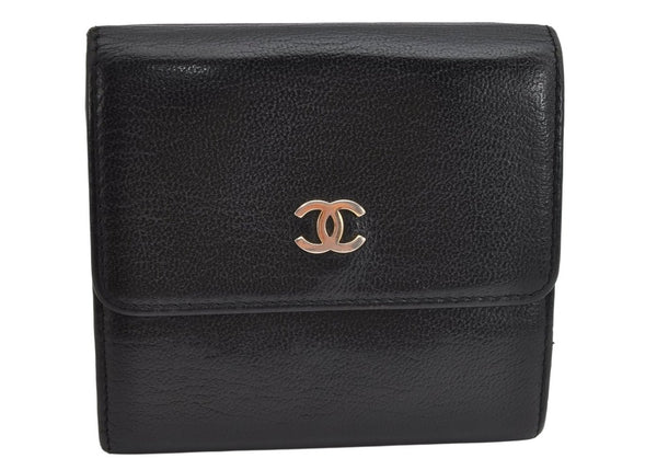 Authentic CHANEL Vintage Calf Skin Trifold Wallet Purse CC Logo Black 0883K