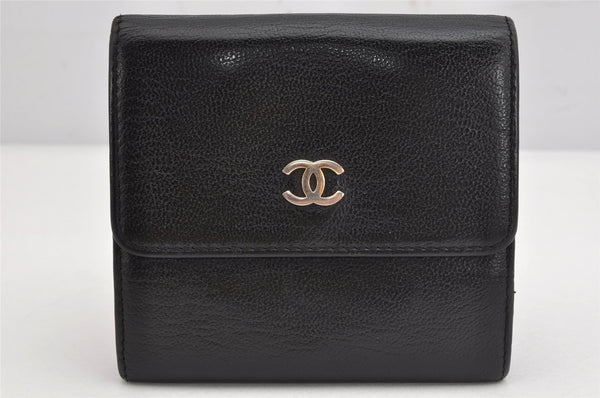 Authentic CHANEL Vintage Calf Skin Trifold Wallet Purse CC Logo Black 0883K