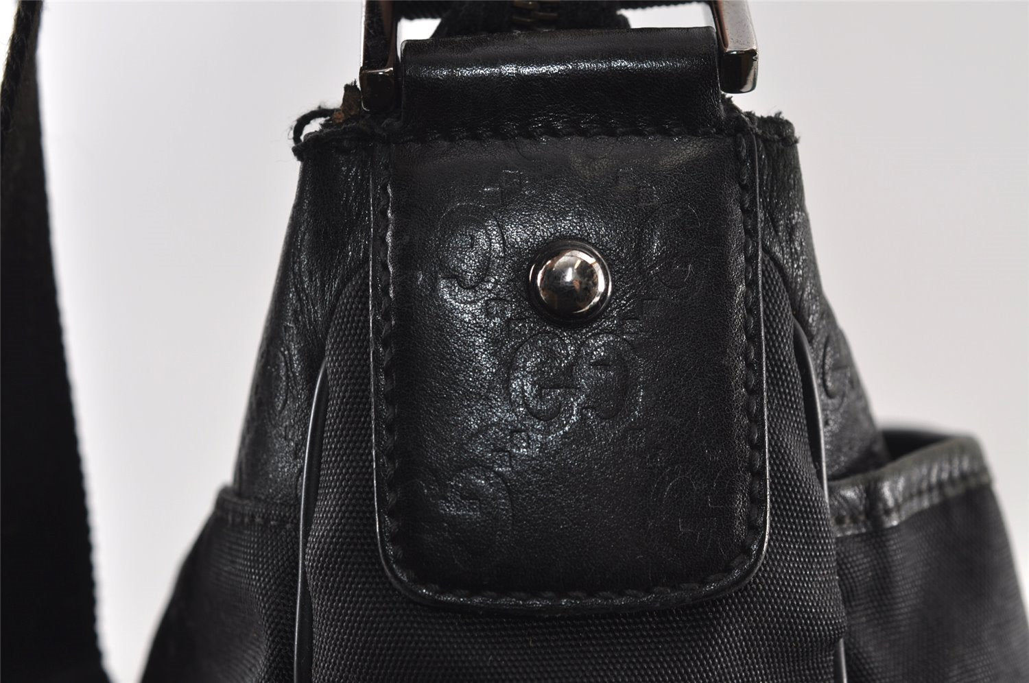 Authentic GUCCI Guccissima Shoulder Bag Nylon GG Leather 162781 Black 0884J