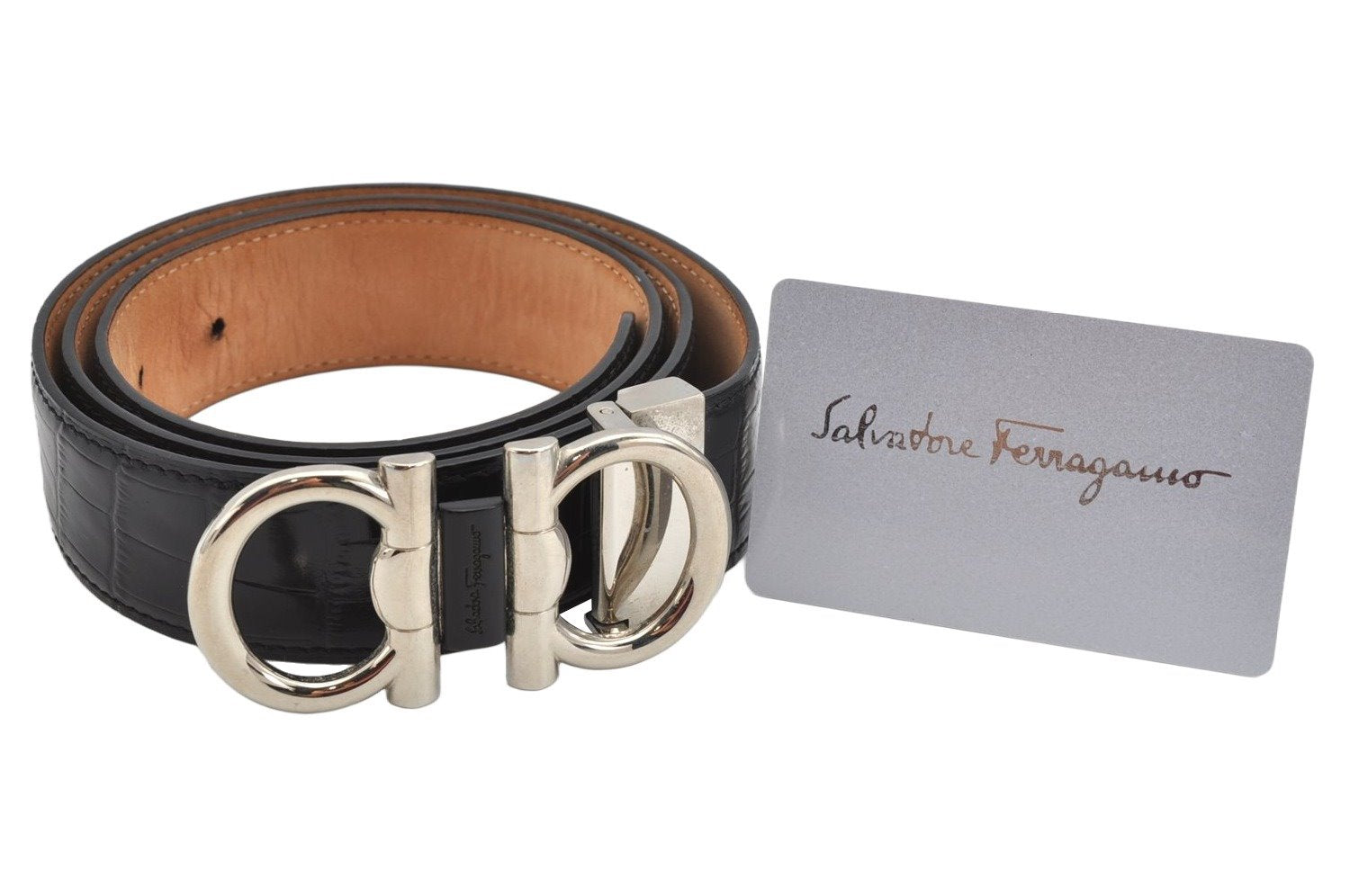 Authentic Salvatore Ferragamo Gancini Belt Leather Size 36.4-40.2