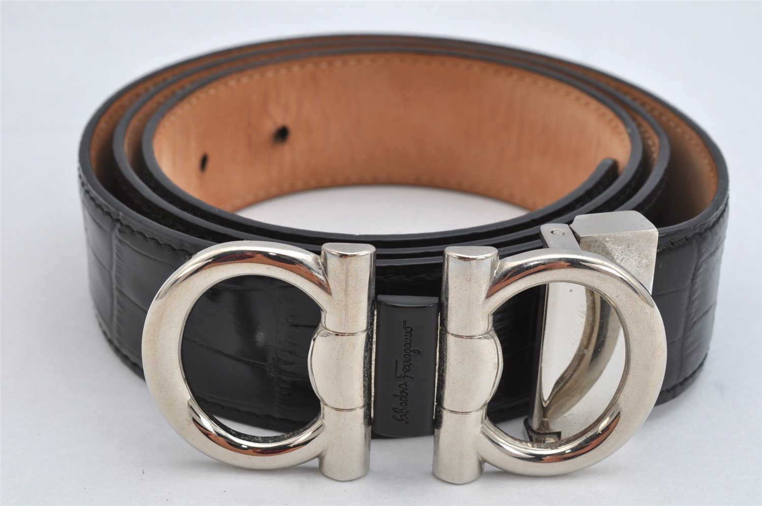 Authentic Salvatore Ferragamo Gancini Belt Leather Size 36.4-40.2