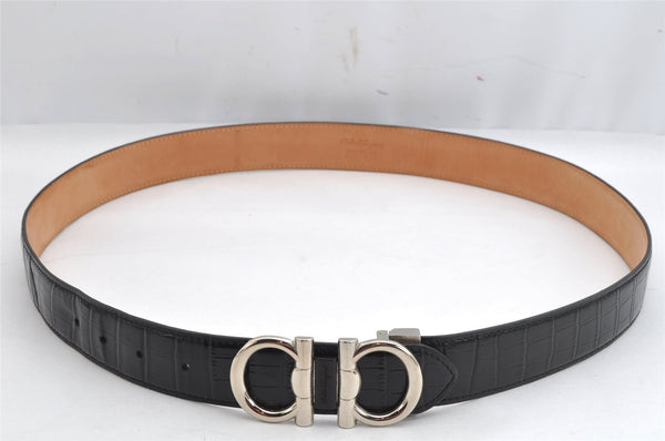 Authentic Salvatore Ferragamo Gancini Belt Leather Size 36.4-40.2" Black 0887K