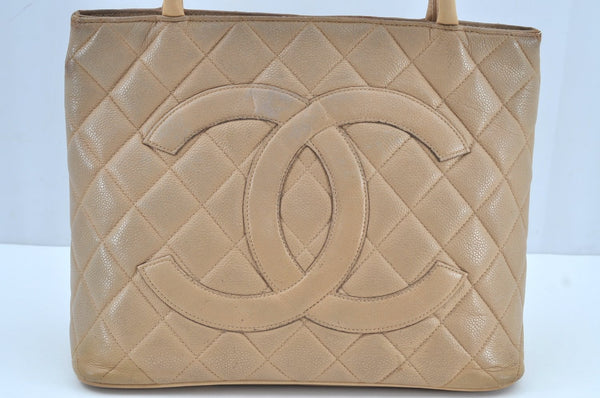 Authentic CHANEL Caviar Skin Medallion CC Logo Shoulder Tote Bag Beige 0892I