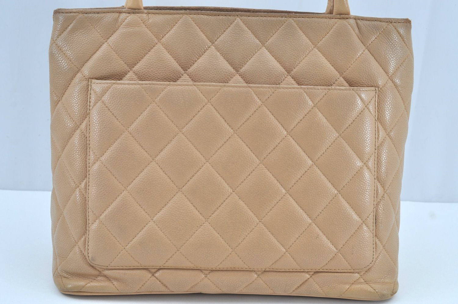 Authentic CHANEL Caviar Skin Medallion CC Logo Shoulder Tote Bag Beige 0892I