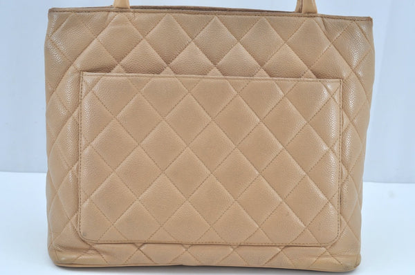 Authentic CHANEL Caviar Skin Medallion CC Logo Shoulder Tote Bag Beige 0892I