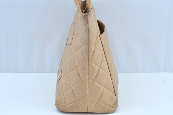 Authentic CHANEL Caviar Skin Medallion CC Logo Shoulder Tote Bag Beige 0892I