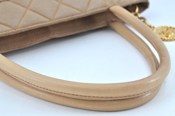 Authentic CHANEL Caviar Skin Medallion CC Logo Shoulder Tote Bag Beige 0892I
