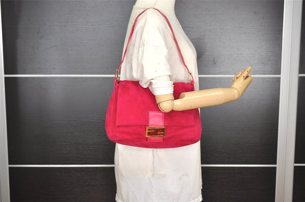Authentic FENDI Mamma Baguette Shoulder Hand Bag Purse Suede Leather Pink 0896I