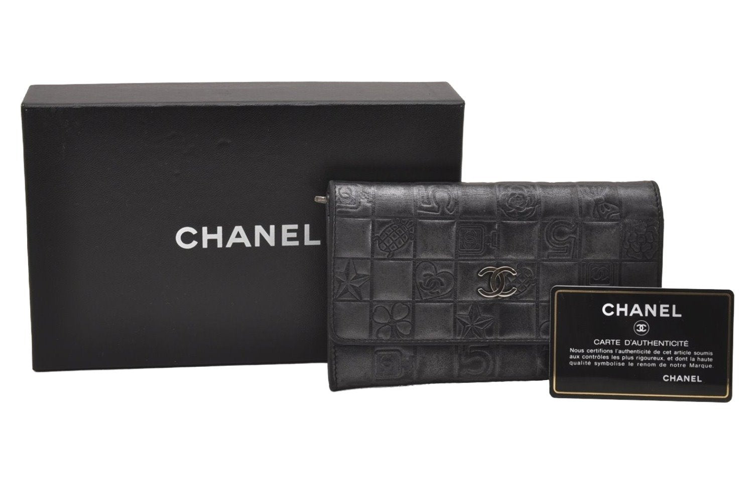 Authentic CHANEL Calf Skin Icon Line CC Logo Long Wallet Purse Gray Box 0896J