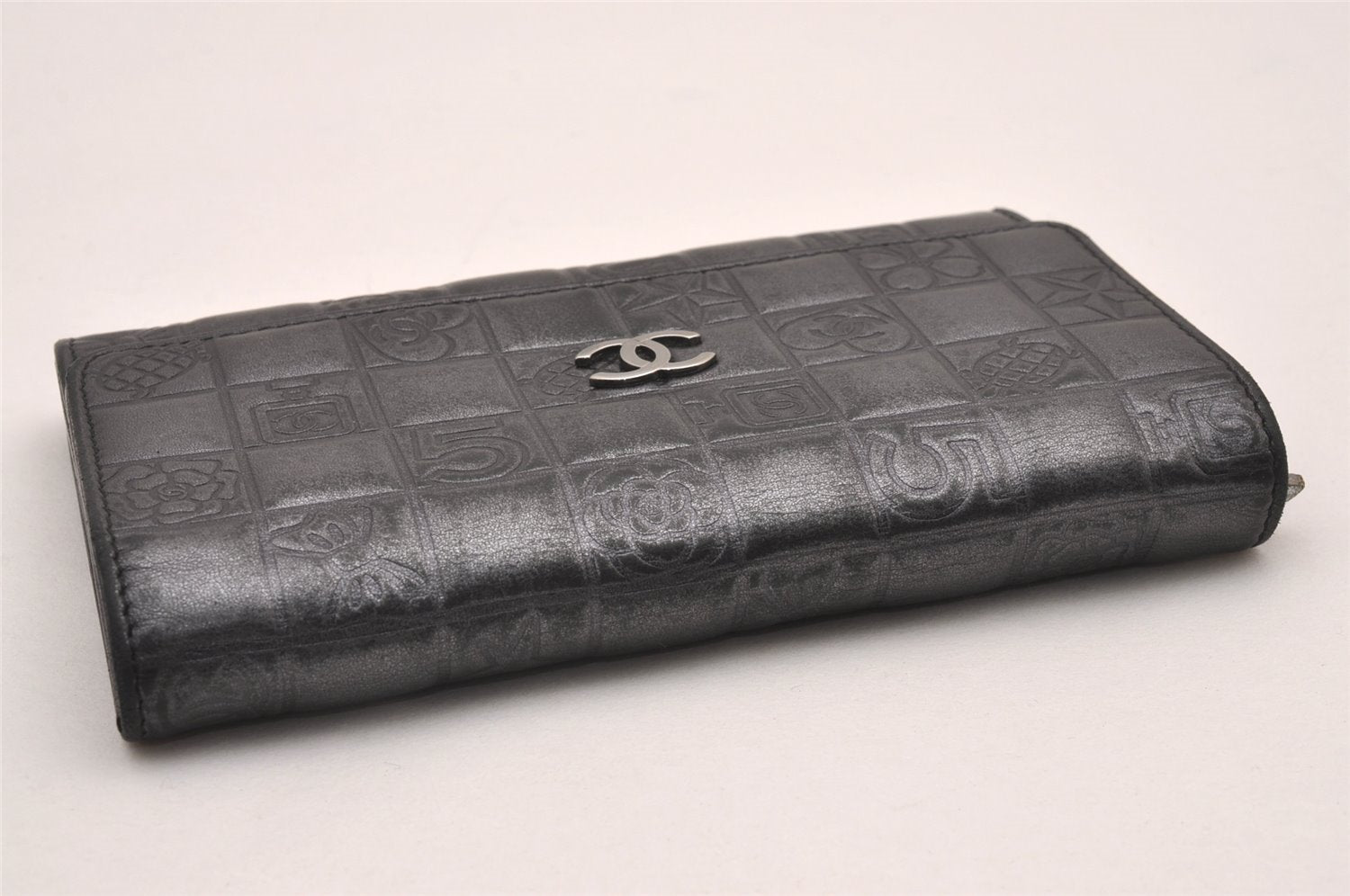 Authentic CHANEL Calf Skin Icon Line CC Logo Long Wallet Purse Gray Box 0896J