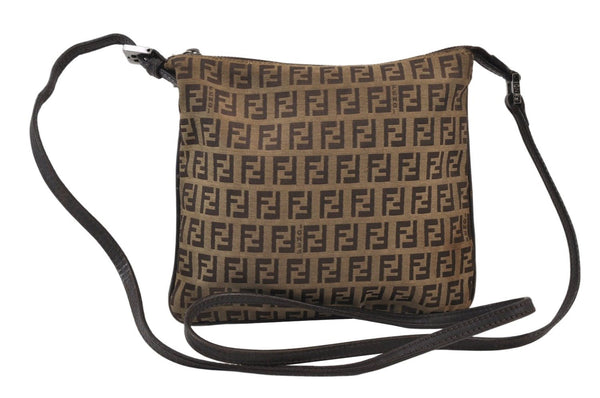 Authentic FENDI Zucchino Shoulder Cross Body Bag Canvas Leather Brown 0896K